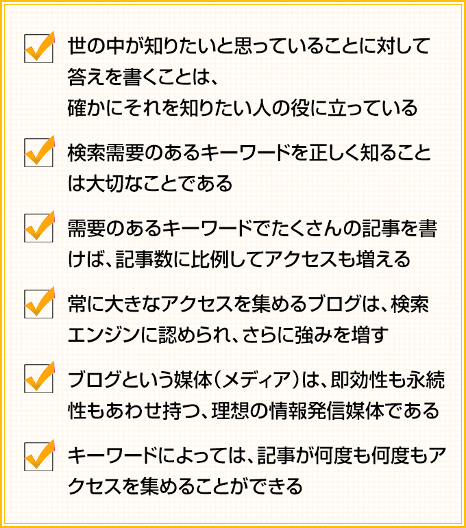 ✓世の中が知りたいと思っていることに対して答えを書くことは、確かにそれを知りたい人の役に立っている ✓検索需要のあるキーワードを正しく知ることは大切なことである ✓需要のあるキーワードでたくさんの記事を書けば、記事数に比例してアクセスも増える ✓常に大きなアクセスを集めるブログは、検索エンジンに認められ、さらに強みを増す ✓ブログという媒体（メディア）は、即効性も永続性もあわせ持つ、理想の情報発信媒体である ✓キーワードによっては、記事が何度も何度もアクセスを集めることができる