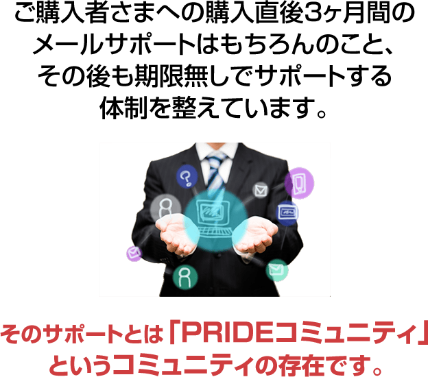 ご購入者さまへの購入直後3ヶ月間のメールサポートはもちろんのこと、その後も期限無しでサポートする体制を整えています。そのサポートとは「PRIDEコミュニティ」というコミュニティの存在です。