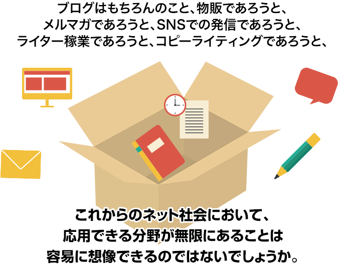 ブログはもちろんのこと、物販であろうと、メルマガであろうと、SNSでの発信であろうと、ライター稼業であろうと、コピーライティングであろうと、これからのネット社会において、応用できる分野が無限にあることは容易に想像できるのではないでしょうか。